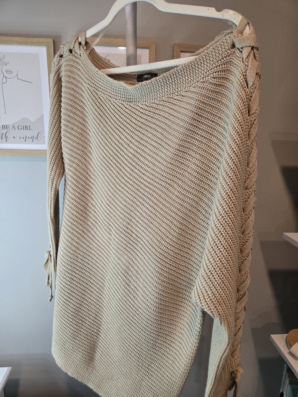 Women's Cream Knit Asymmetric Sweater with Braided Sleeves